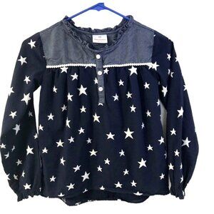 Hanna Andersson Navy Blue Chambray Embroidered Stars Lined LS Top Size 140 / 10